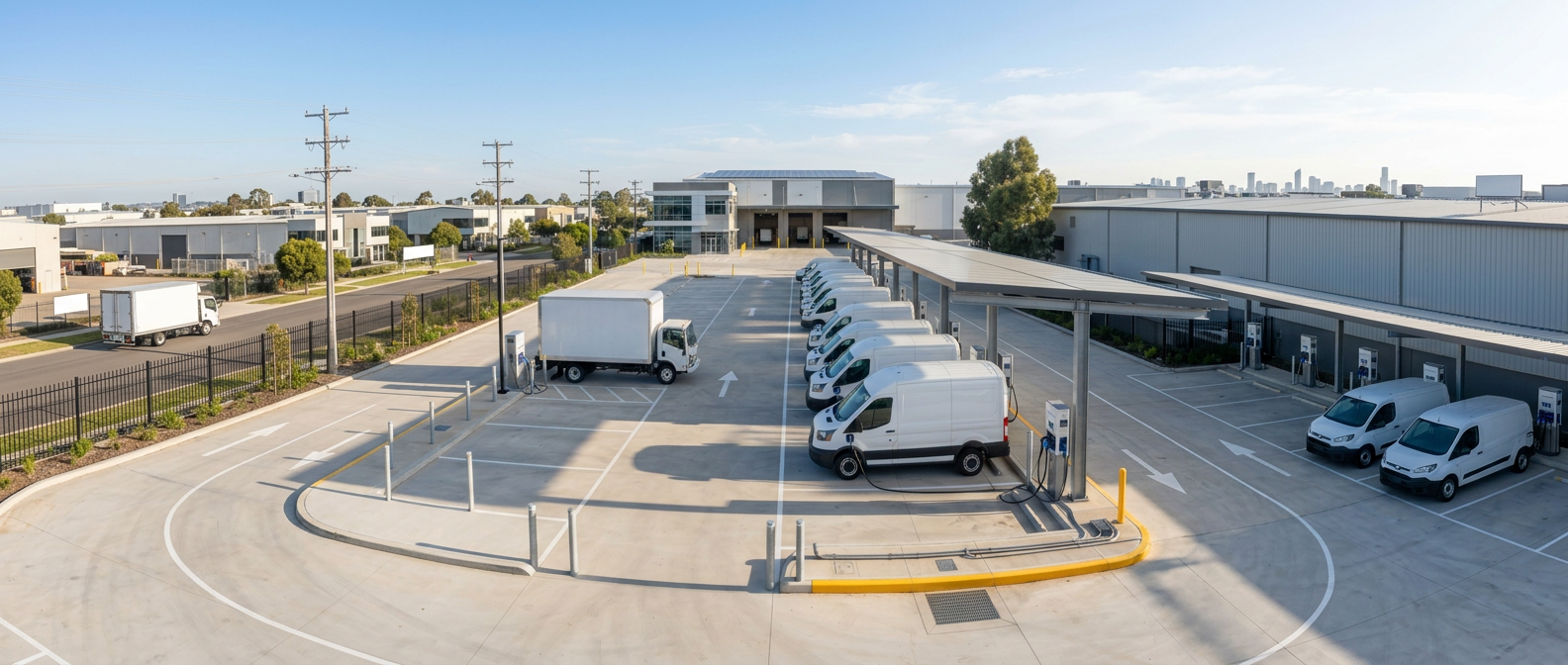 Wide morning view of a fleet depot yard with a row of plain white electric delivery vans plugged into depot charging stations along a canopy, a plain white box truck parked nearby.