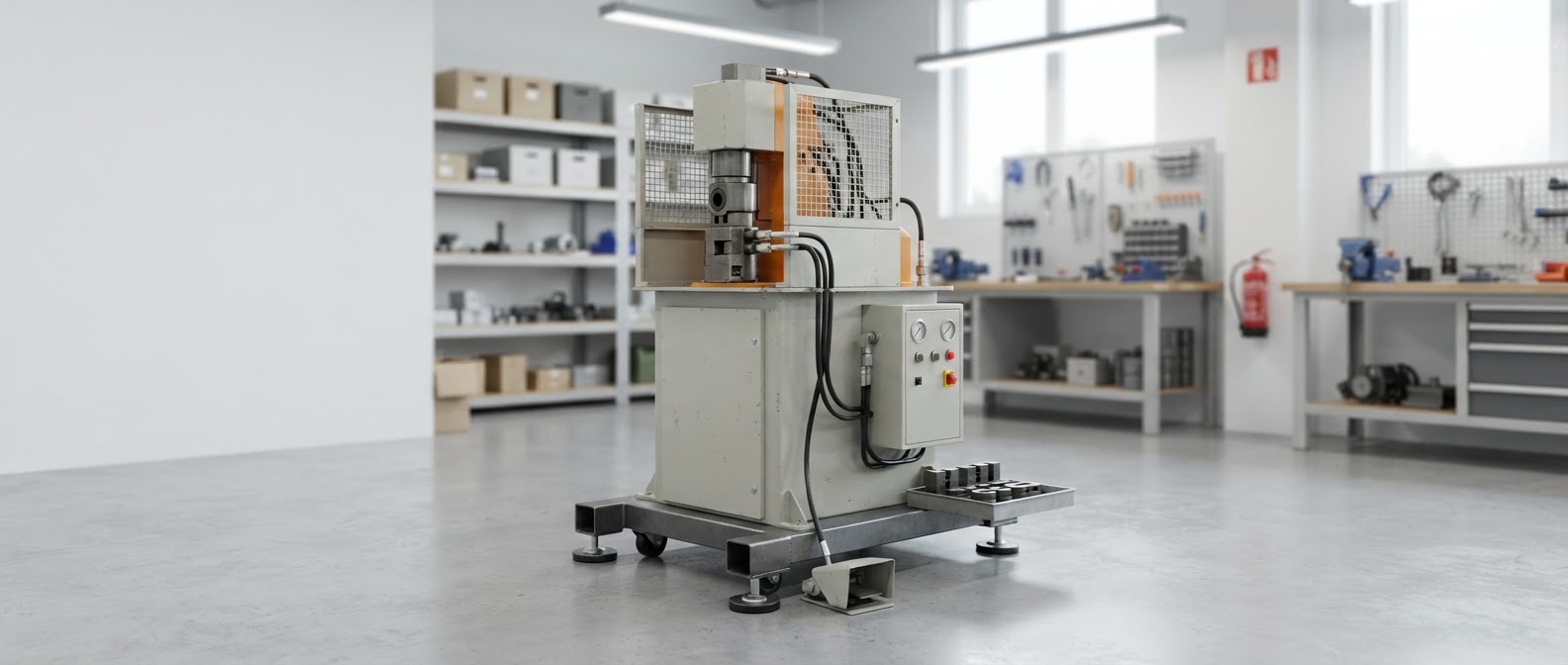 Clean quality pre-owned hydraulic crimping machine standing at rest with light believable wear in a bright organized shop corner.