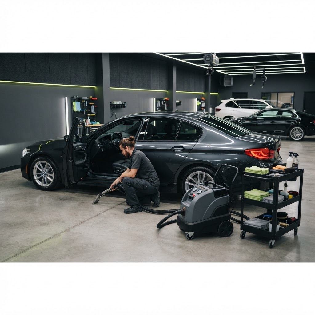 Professional vehicle reconditioning bay with a sedan, commercial extraction and steam cleaning equipment, mobile detailing workstation and technician in a clean premium facility.