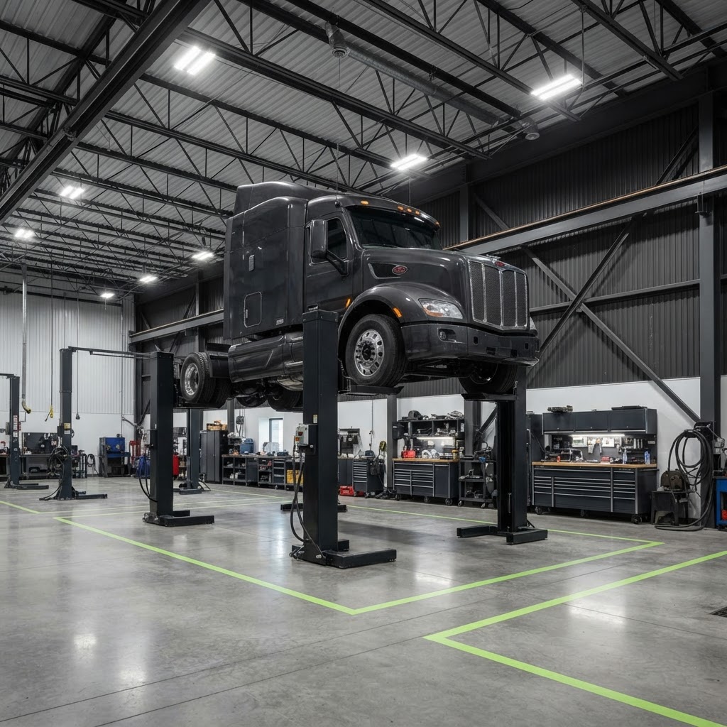 Heavy-duty service facility with a truck on mobile column lifts Commercial transport truck raised on a mobile column lift set inside a modern heavy-duty service facility.