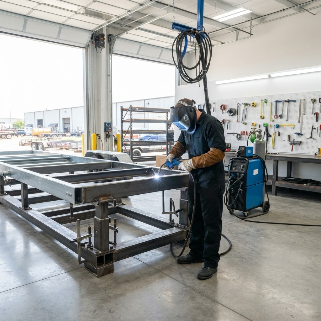 Welder performing MIG welding on a semi-trailer frame rail inside a bright, professional fabrication shop.