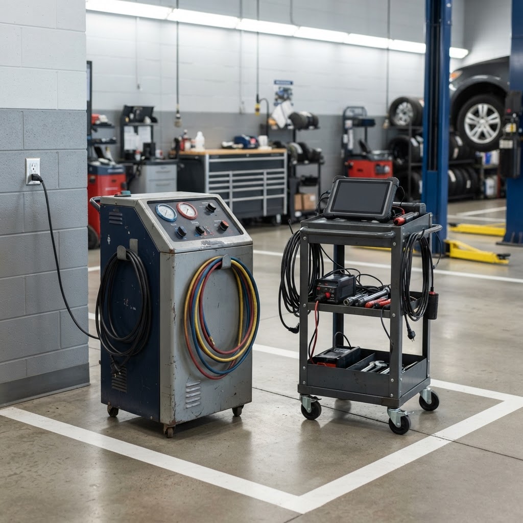 Organized professional used-equipment area with a clean pre-owned A/C service machine and diagnostic equipment, bright modern shop environment.