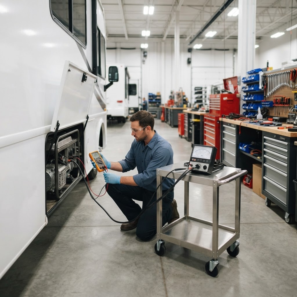 Technician testing an onboard RV generator with professional electrical test equipment in a bright, organized technical bay.