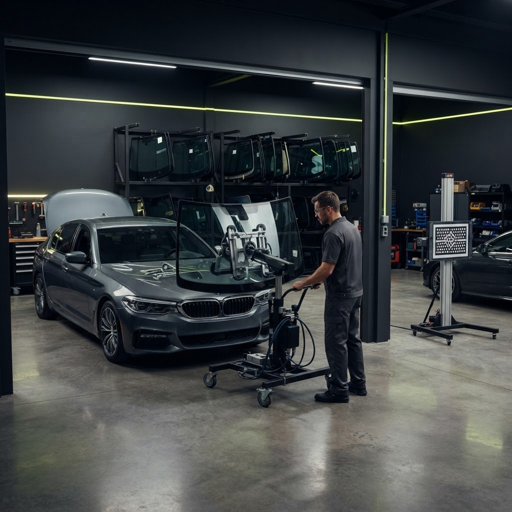 Auto glass service bay with a windshield held upright on a professional handling system, technician guiding the equipment, organized glass storage racks and an ADAS calibration frame visible in an adjacent bay.