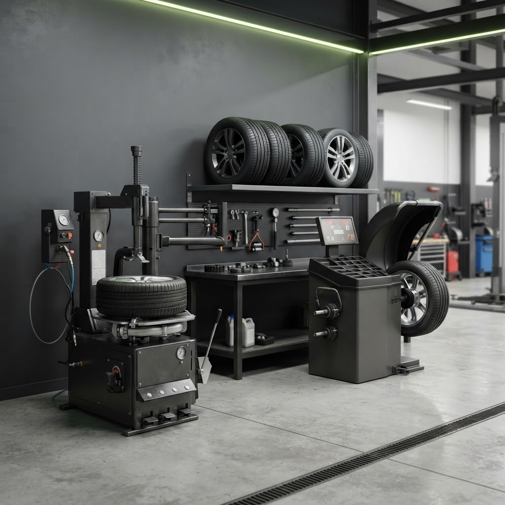 Tire changer and wheel balancer in a professional tire service bay.