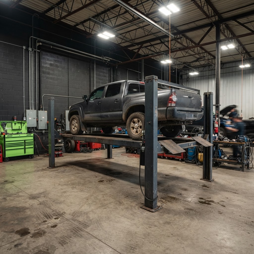 Well-maintained used four-post vehicle lift in a professional shop Previously-owned four-post vehicle lift with a pickup truck on its runways inside a working service facility.
