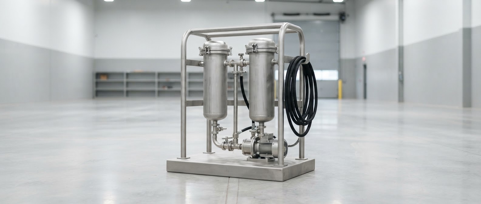 Professional hydraulic filtration unit standing at rest on a solid floor base in a bright service bay, two vertical filter housings and a neatly coiled hose on its frame.