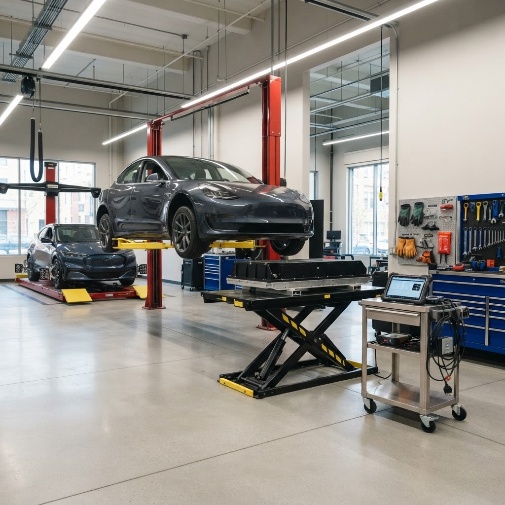 Modern EV service facility with an electric vehicle on a lift, a battery lift table and professional diagnostic equipment.