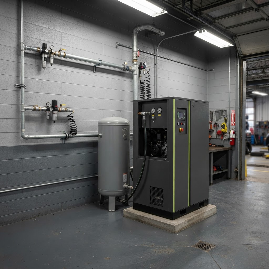 Industrial rotary screw air compressor and air dryer in a shop compressor room.