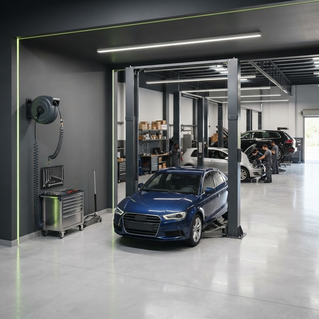 Additional service bay in a modern automotive shop with a two-post vehicle lift.