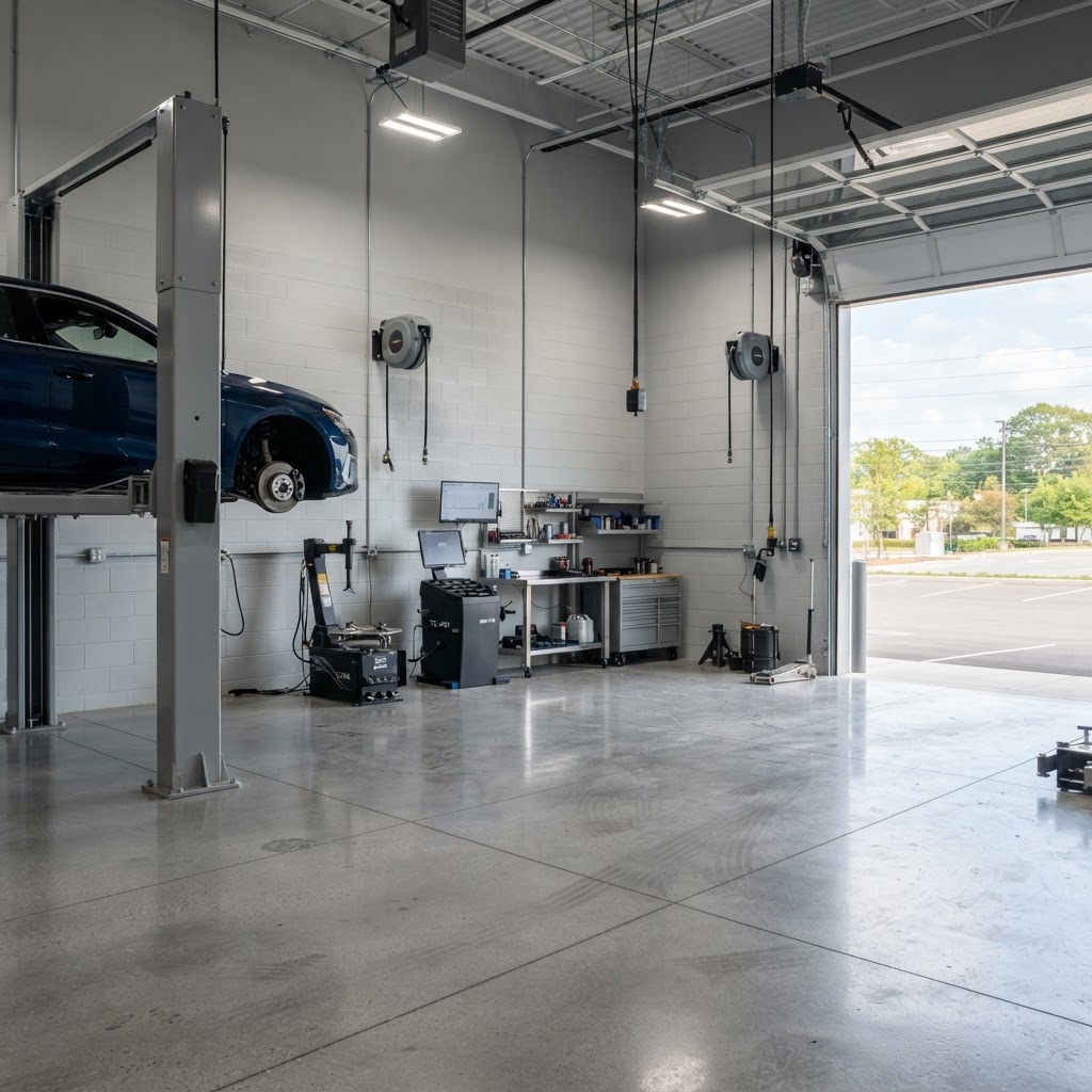 Newly equipped two-bay automotive service shop with a vehicle lift, tire equipment and diagnostic workstation ready for business.