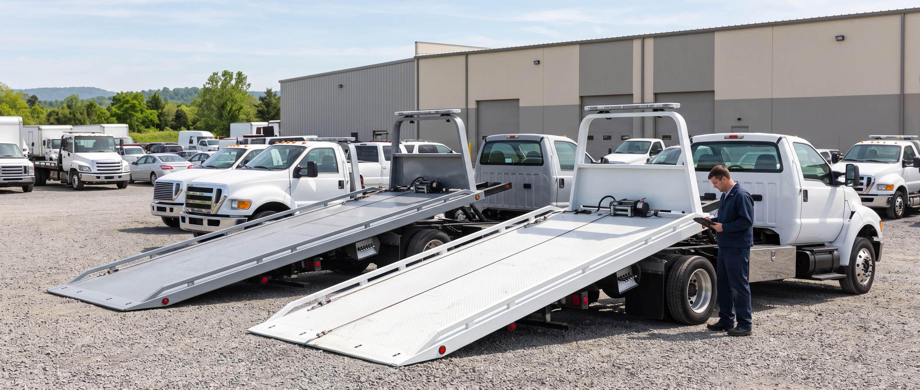 Clean qualifying used rollback carriers in a bright dealer yard Neat row of clean pre-owned white rollback carriers in a bright used-equipment dealer yard, a buyer inspecting one with a tablet.
