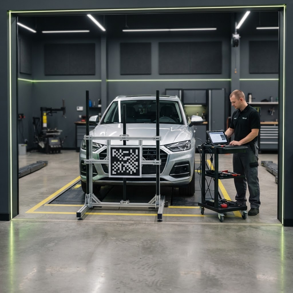 ADAS calibration bay with a calibration frame and targets in front of an SUV.