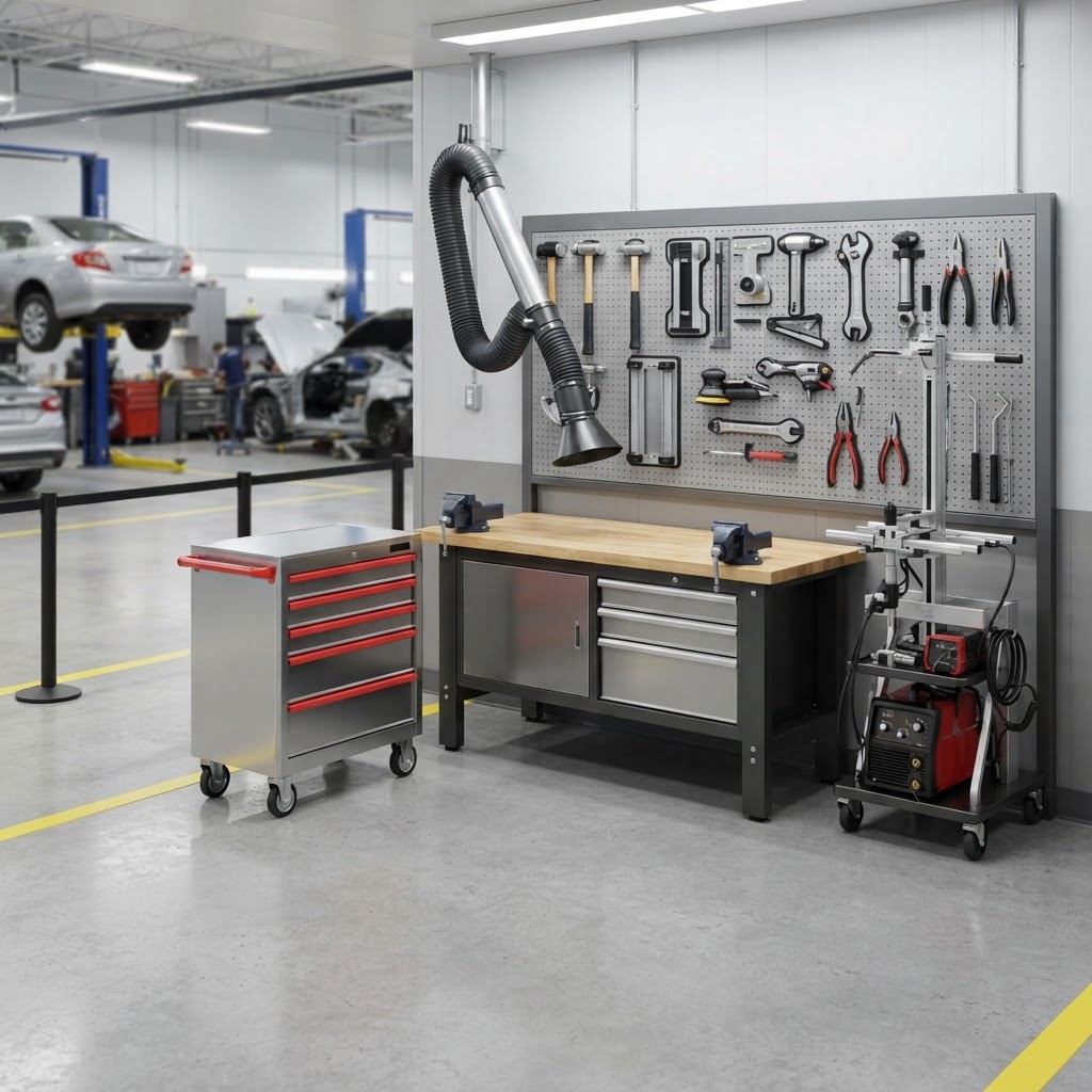 Clean dedicated aluminum repair workstation in a professional collision facility with organized tooling and an extraction arm.