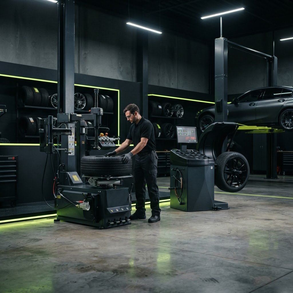 Professional tire service bay with a tire changer and computer wheel balancer side by side, a vehicle on a two-post lift and organized tire storage.