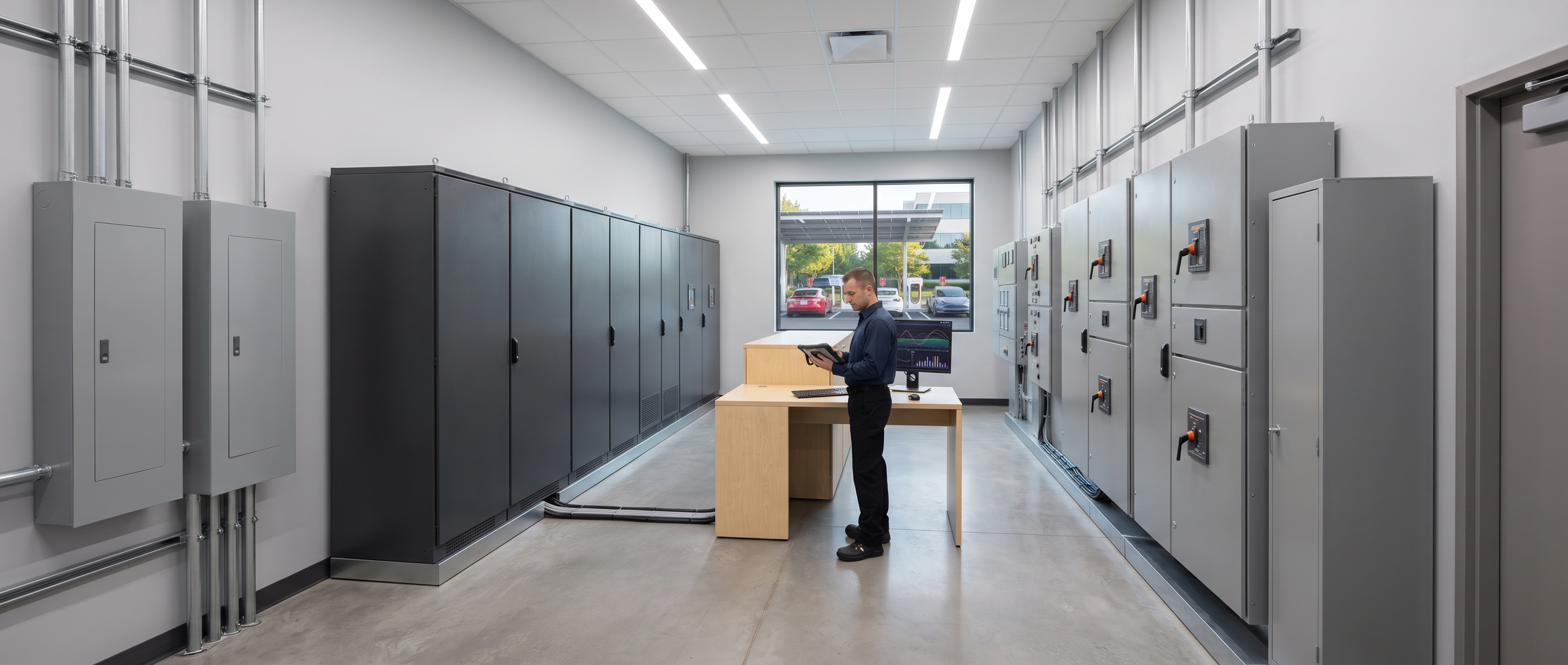 Wide view of a bright commercial energy-management control room with wall-mounted load-management controllers and closed panelboards, an engineer reviewing a tablet at a tidy workstation.