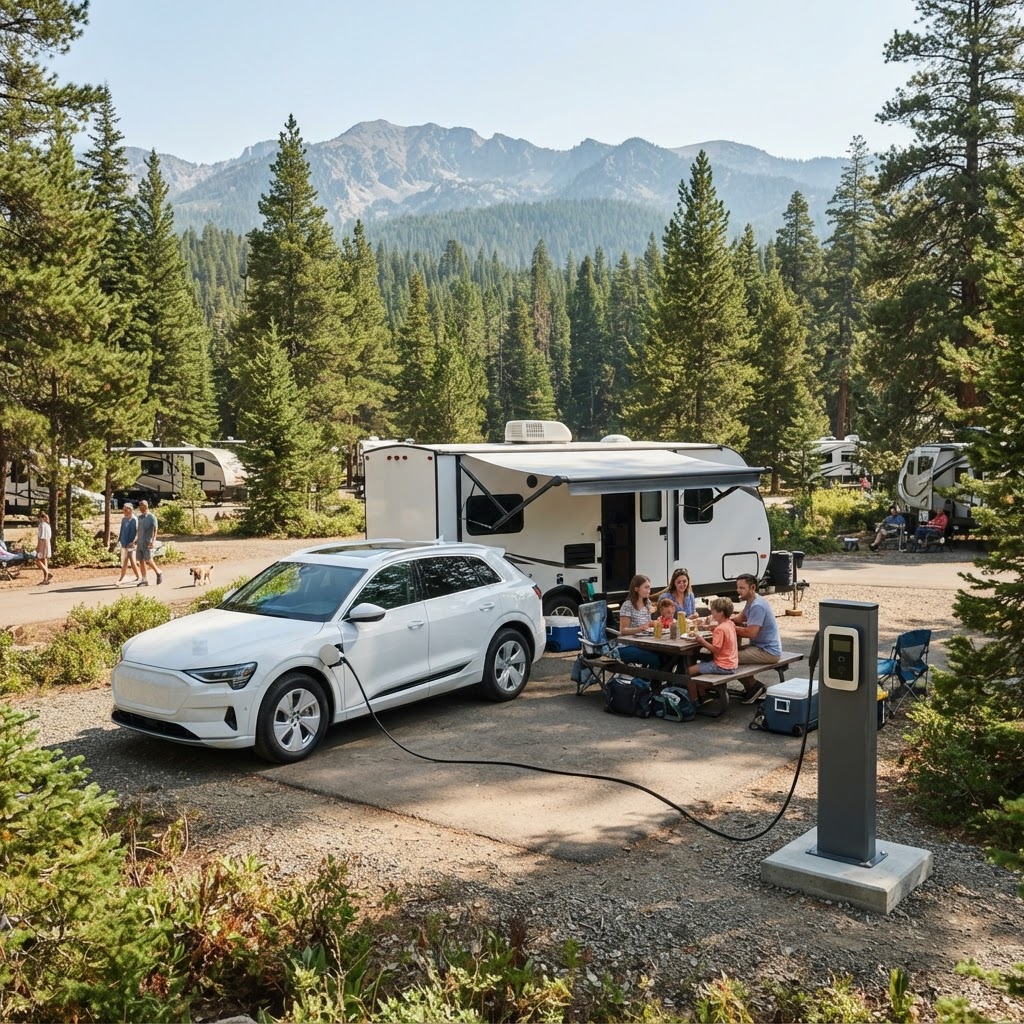 Sunny campground and RV park with a modern unbranded EV charging pedestal beside a paved RV pad, a plain white electric SUV charging next to a travel trailer.