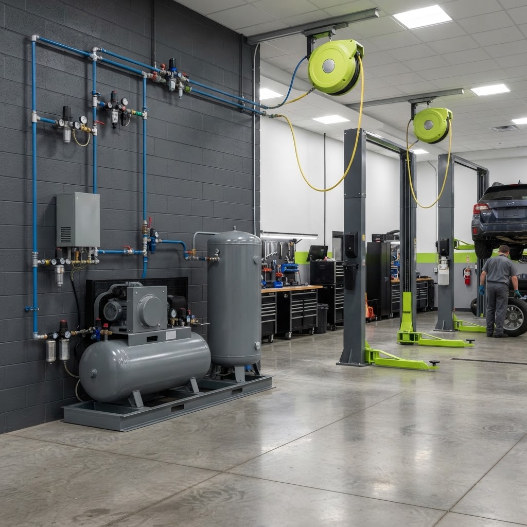 Commercial shop compressed air system with rotary screw compressor and air treatment equipment.