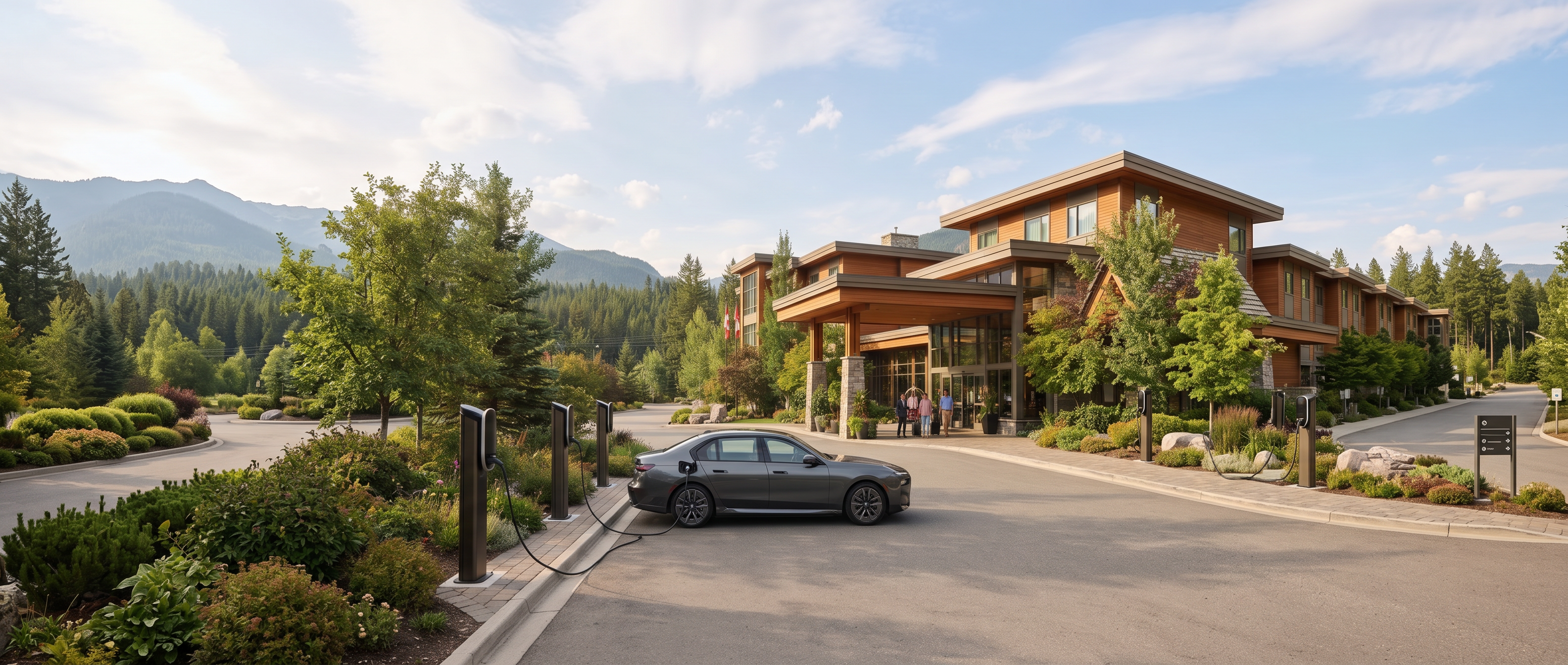 Wide warm daylight view of a hotel arrival drive with a row of Level 2 charging pedestals, a plain dark electric sedan charging, and a modern hotel entrance with wood and glass architecture behind.