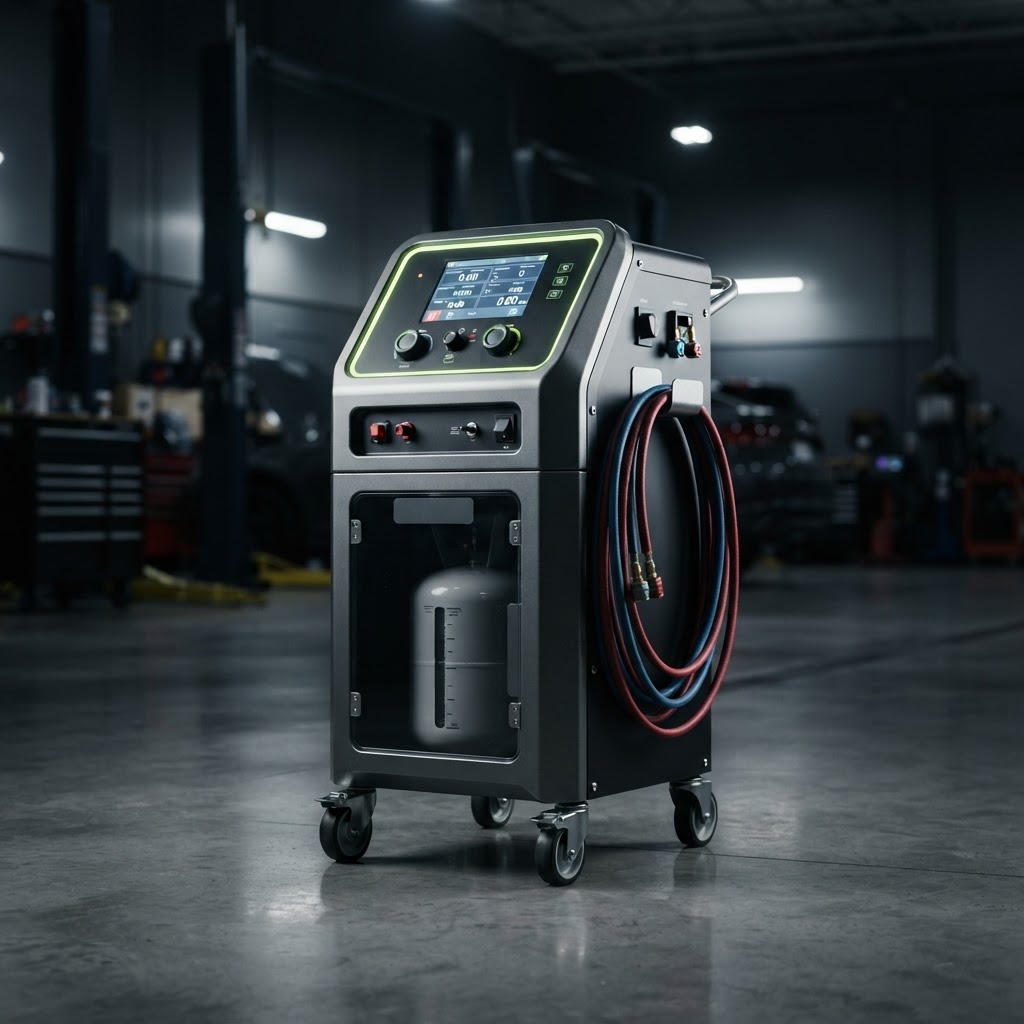 Professional automotive A/C recovery, recycle and recharge machine with digital display and neatly holstered service hoses in a commercial repair facility.