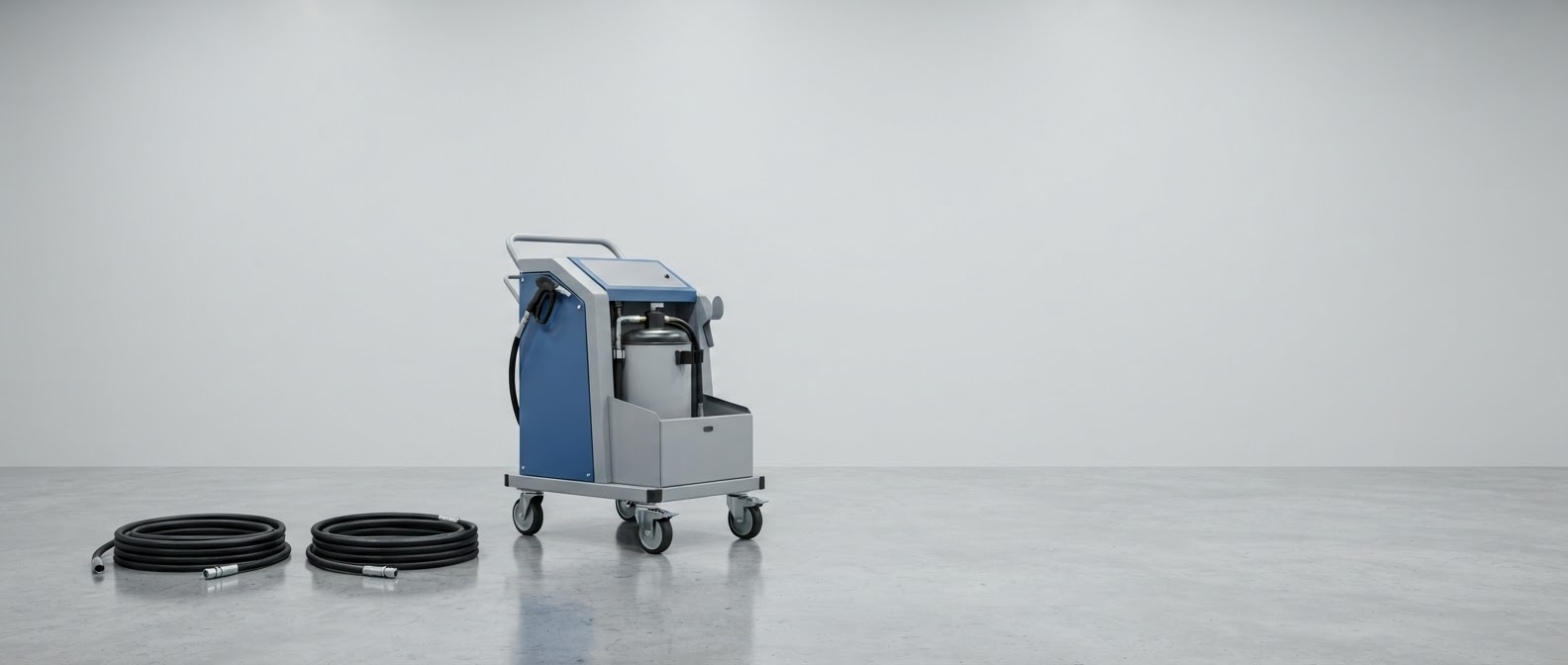 Professional hose and tube cleaning machine at rest on its casters in a bright workshop, neatly coiled hoses on the floor beside it.