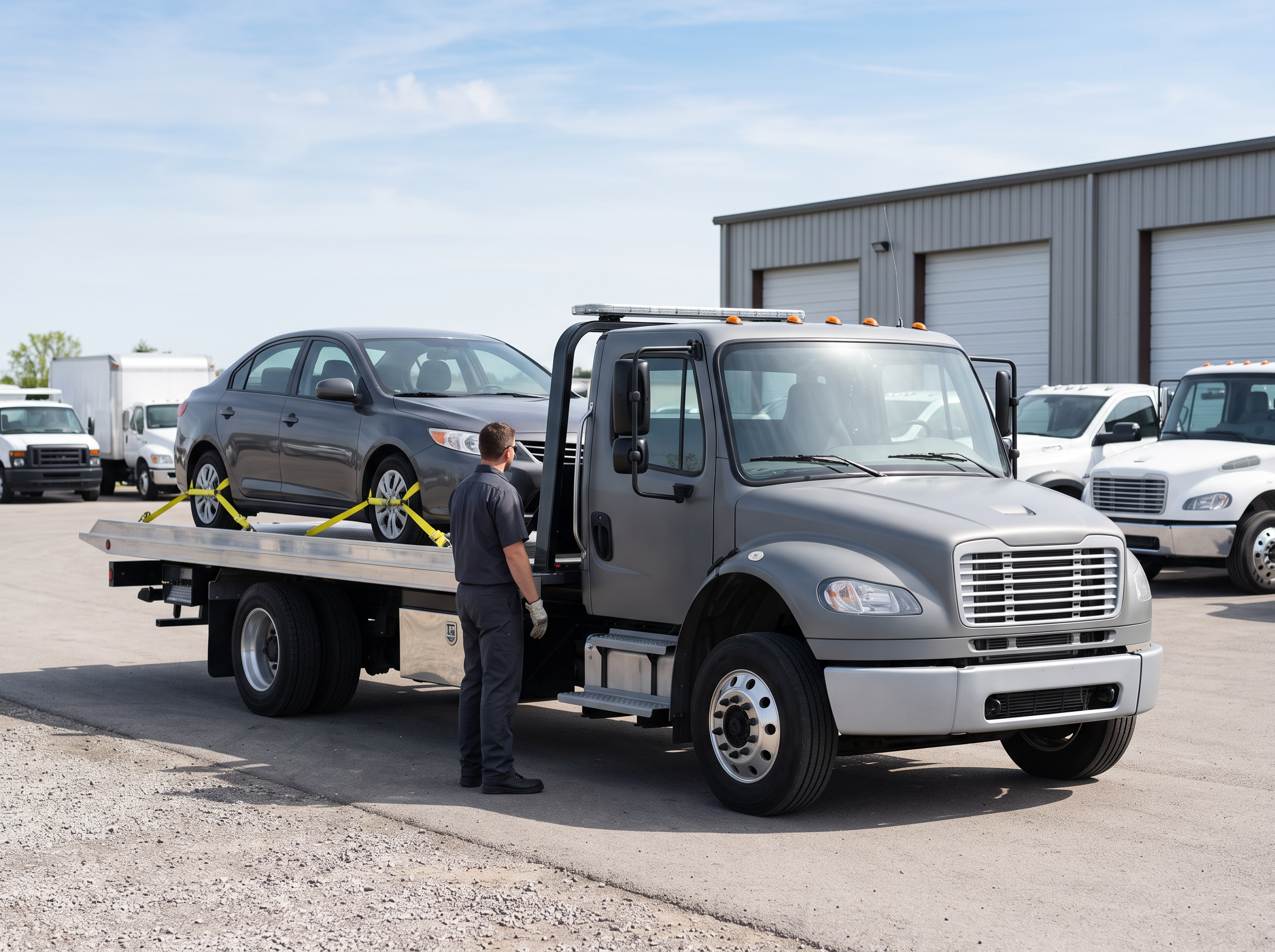Flatbed rollback tow truck with a plain sedan secured on its flat steel deck by wheel straps in a bright yard.