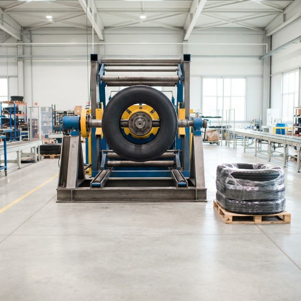 Truck tire casing mounted horizontally on the stationary steel mandrel of a retread building machine at rest, with a shrink-wrapped pallet of tires staged nearby, in a bright production facility.