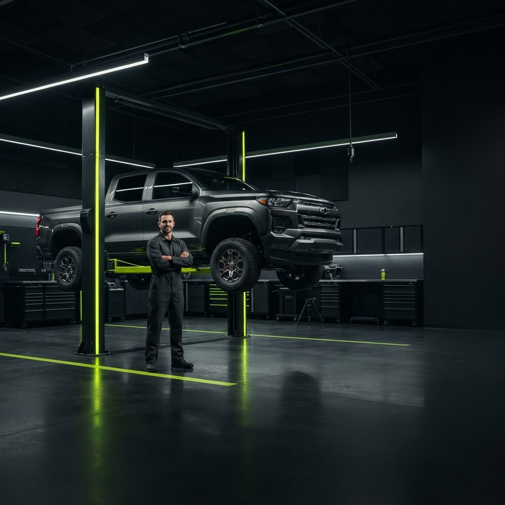 Automotive technician using diagnostic equipment in a modern repair facility