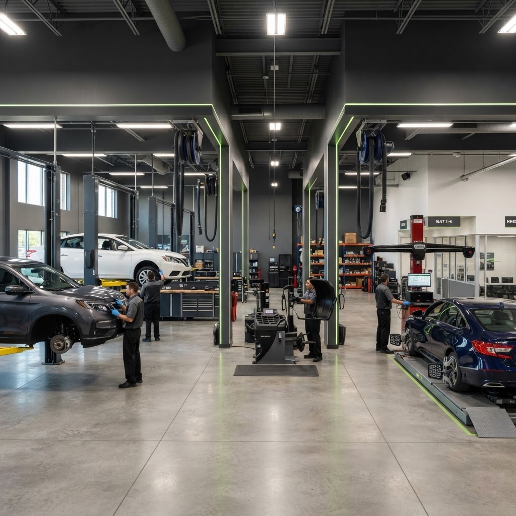 Complete multi-bay automotive repair shop with lifts and a tire service area.
