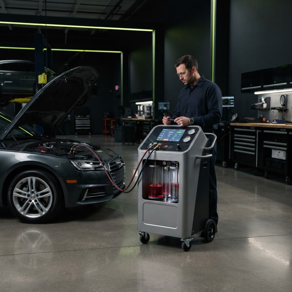 Professional transmission fluid exchange machine with digital display, service hoses connected at the engine bay of a sedan, technician monitoring in a clean commercial service bay.