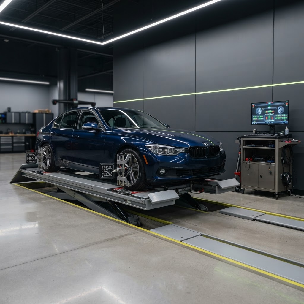 Sedan on an alignment rack with 3D wheel alignment targets in a repair shop.