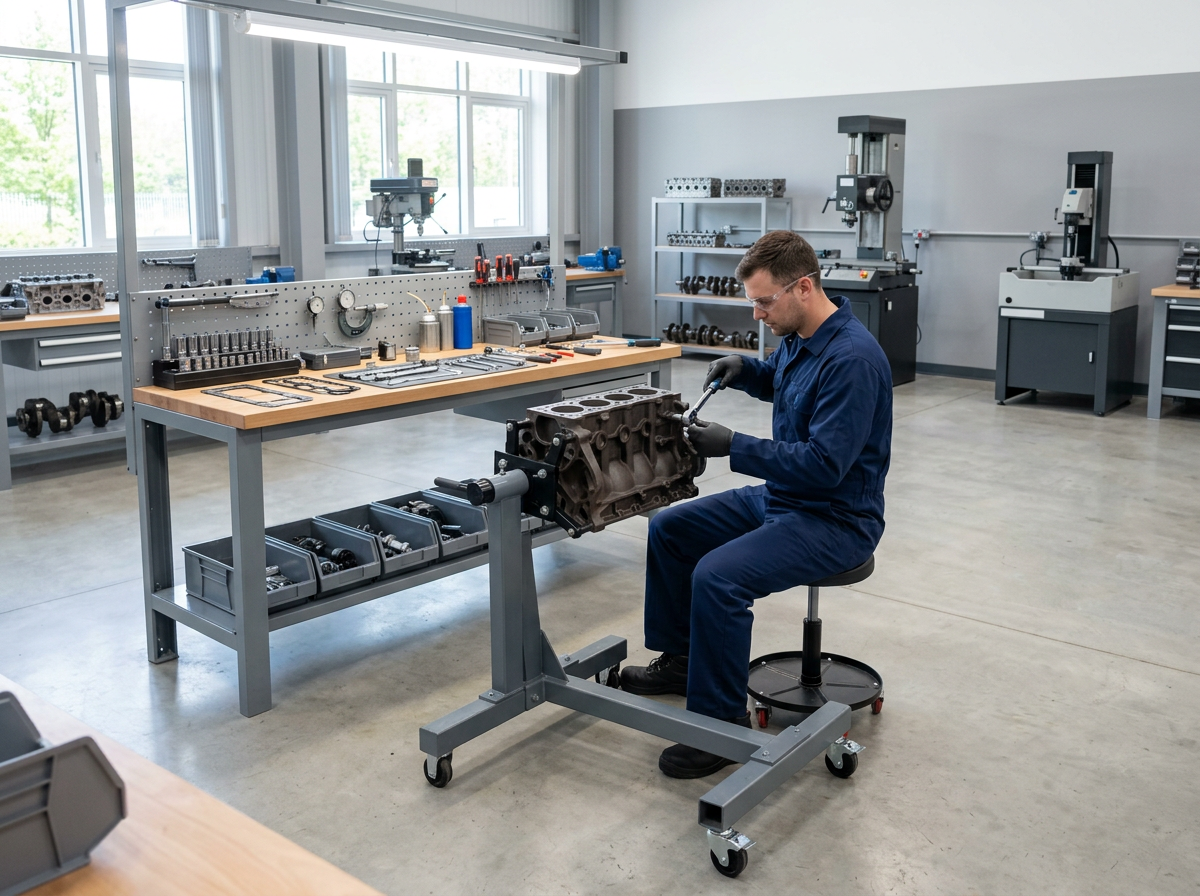Technician working on an engine block mounted on a rolling assembly stand in a bright engine rebuilding shop.