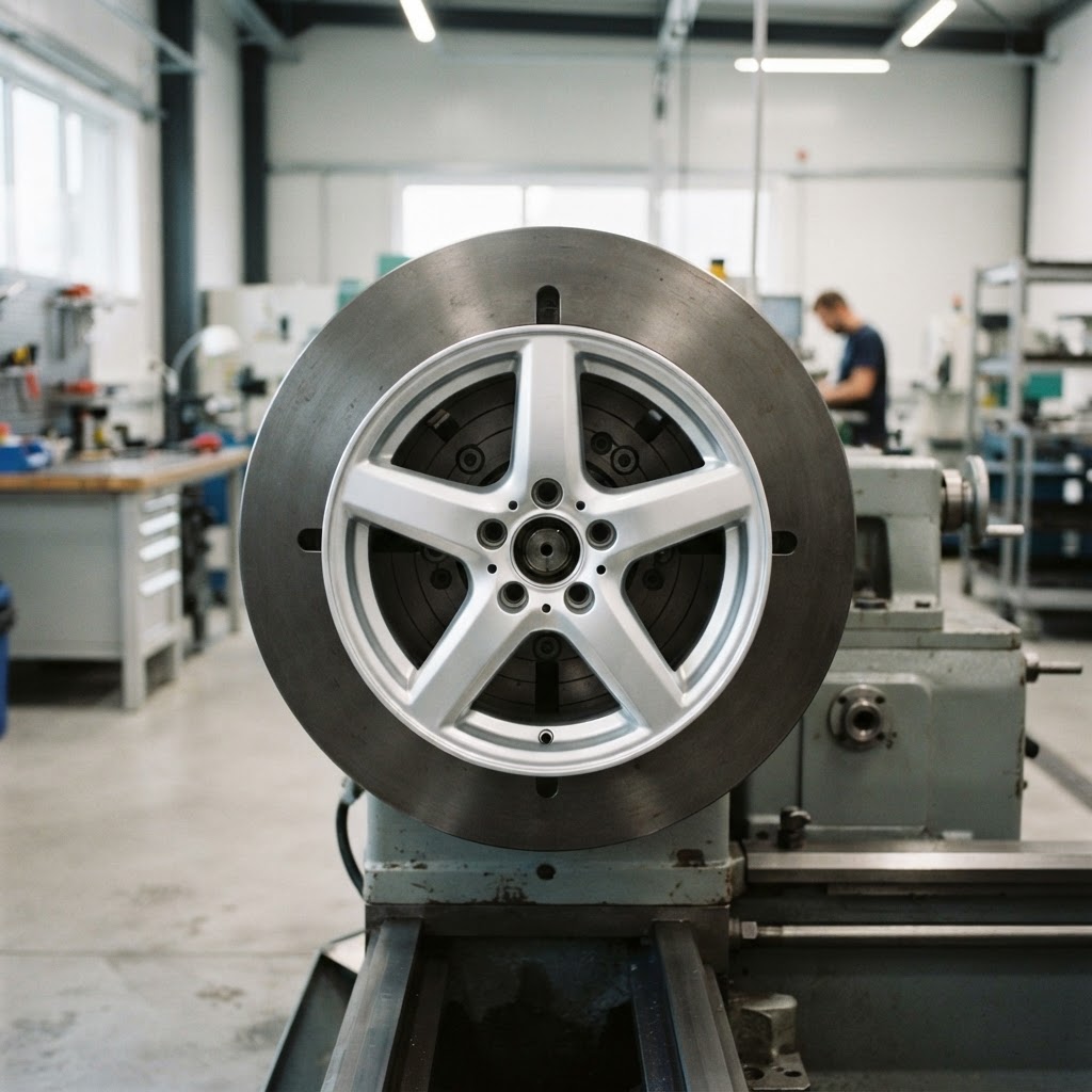 Silver five-spoke alloy wheel mounted flat against a large round steel faceplate on a wheel lathe at rest, viewed head-on, in a bright machining workshop.