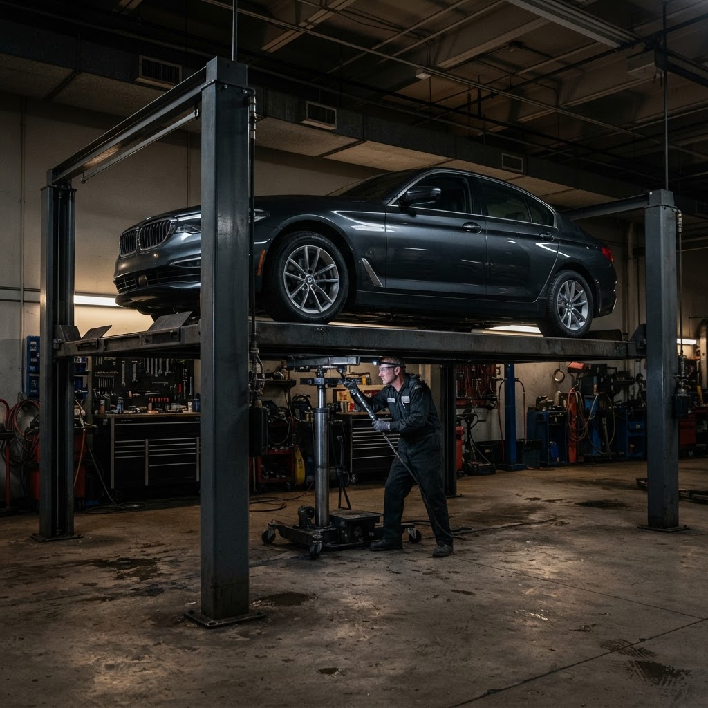 Professional four-post vehicle lift with a sedan resting on its runways, four corner columns and a rolling jack bridge visible in a commercial service facility.