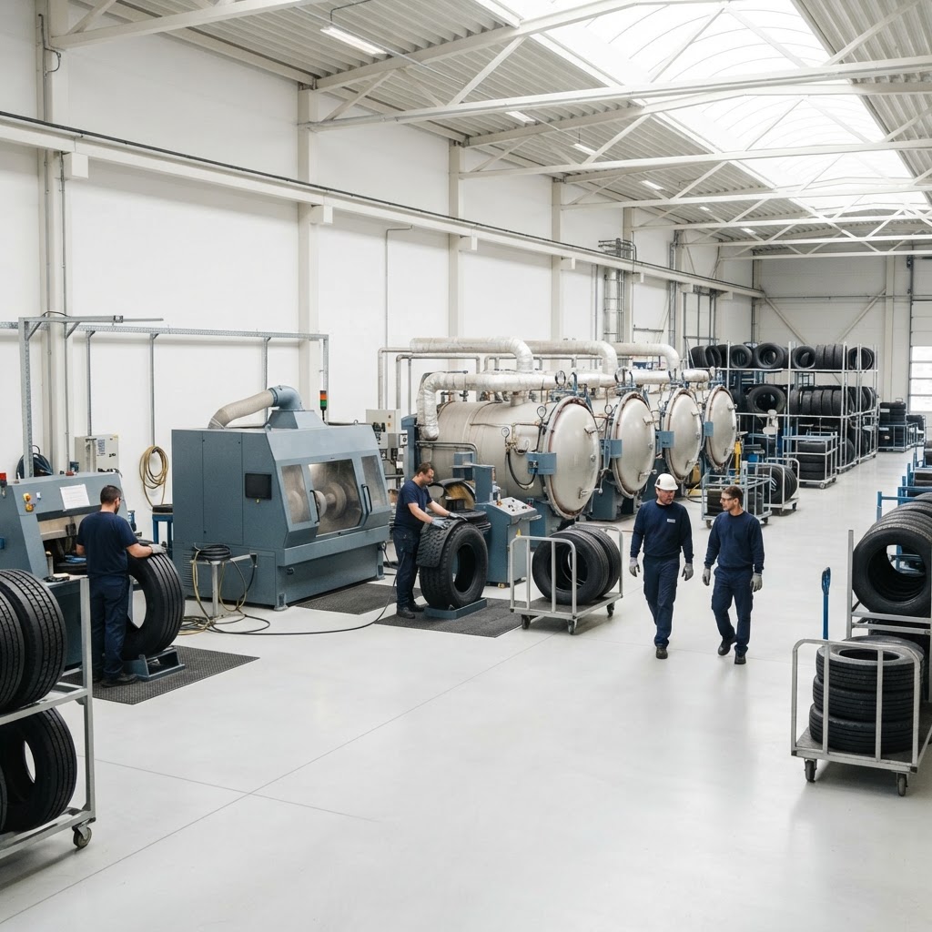 Bright organized industrial tire retread production facility with retread machinery at rest, staged tire casings on carts and racks, and workers walking the aisle at middle distance.