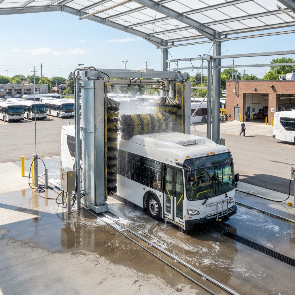 Drive-through gantry bus wash system washing a city transit bus in a bright daylight fleet yard.
