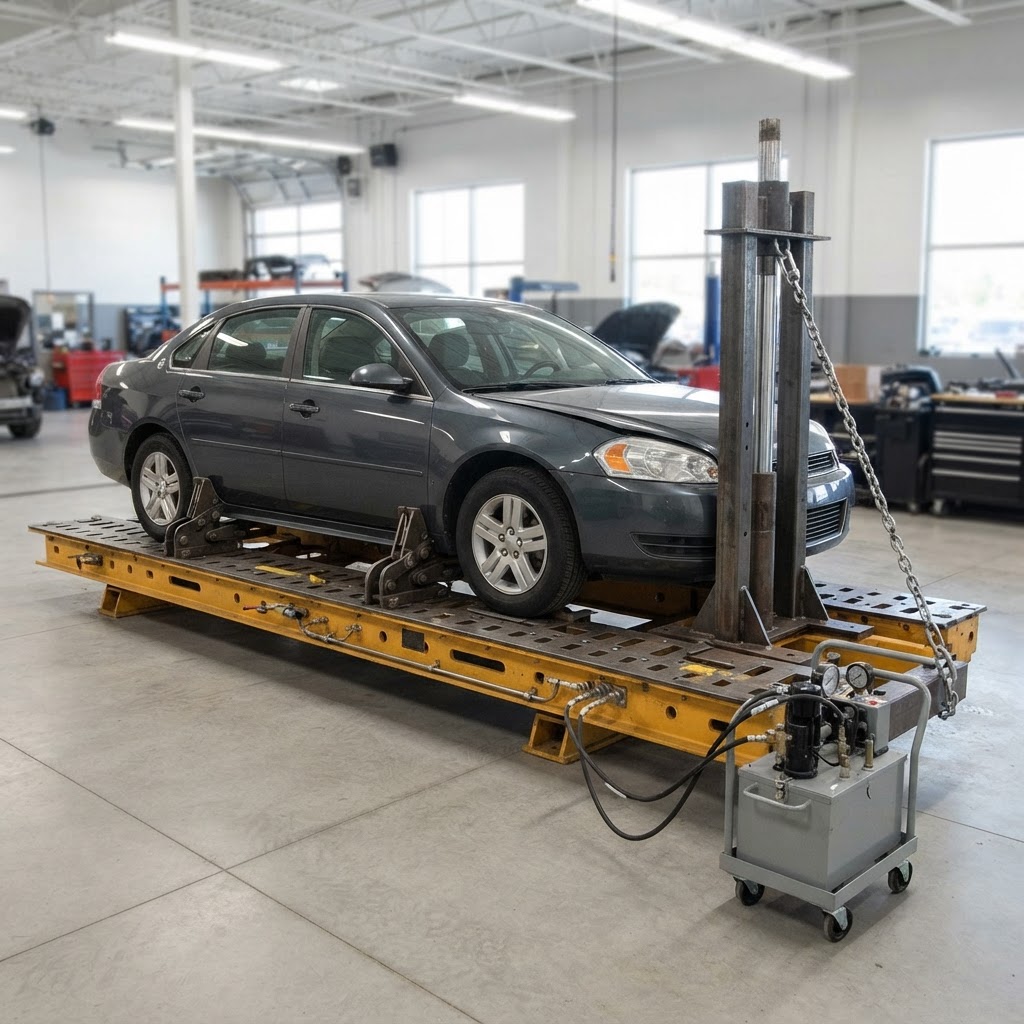 Sedan secured on a professional frame machine bench with a pulling tower and anchoring equipment in a clean collision shop.