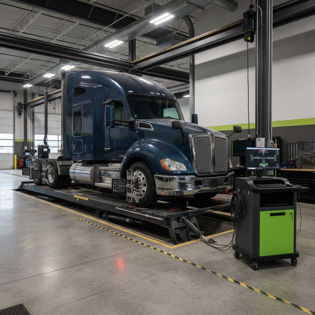 Heavy-duty wheel alignment bay with commercial truck Transport truck on a drive-on alignment rack with 3D alignment targets mounted on its wheels.