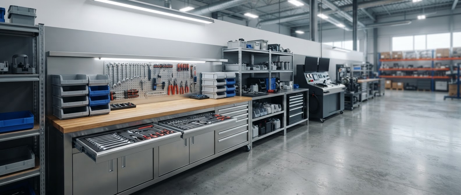 Bright turbo service area with a clean workbench of organized precision hand tools, open storage drawers and static equipment in a professional workshop.