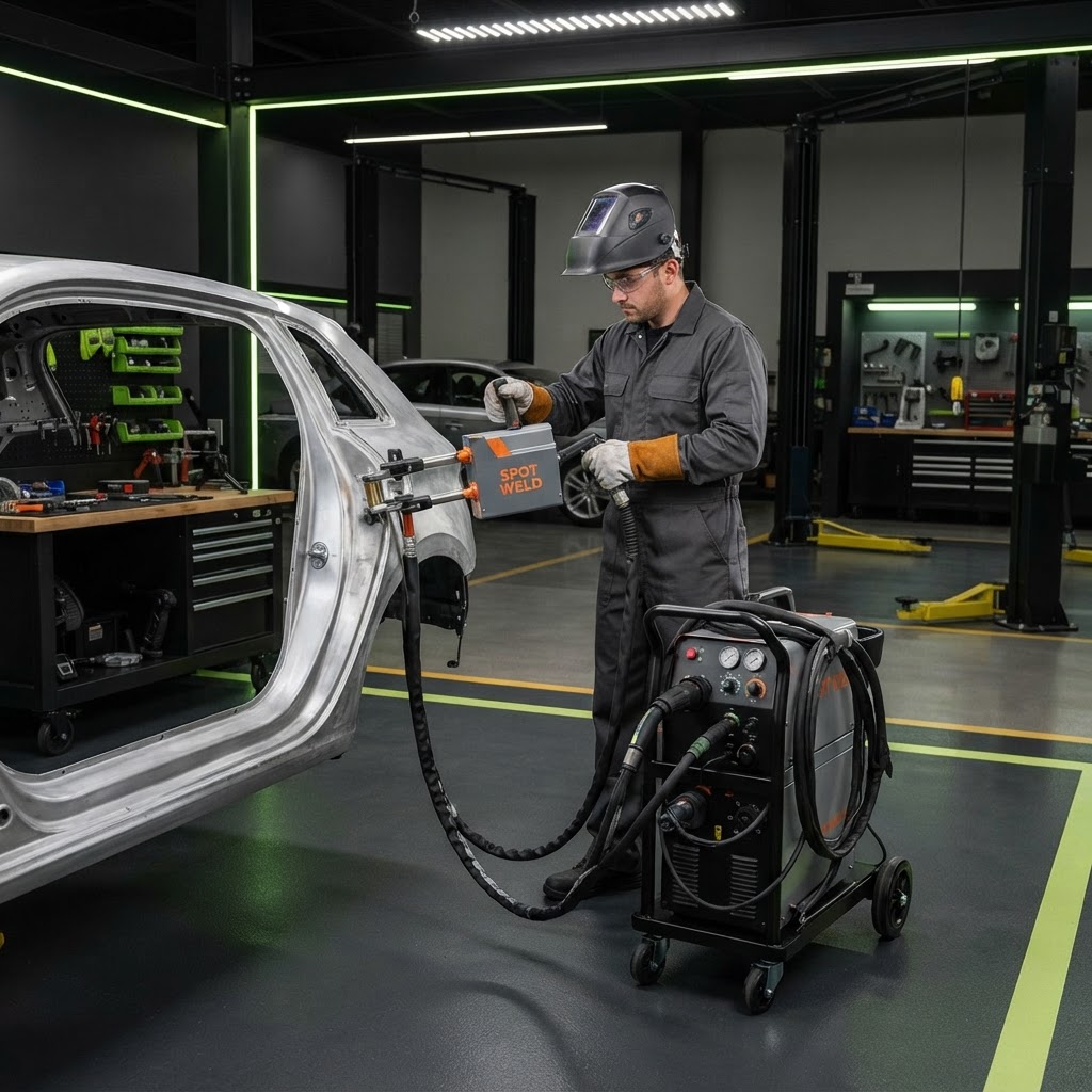 Technician in full welding PPE using a squeeze-type resistance spot welder on a vehicle body panel in a modern collision repair bay, the wheeled spot-welder cart with connected cables beside the car.