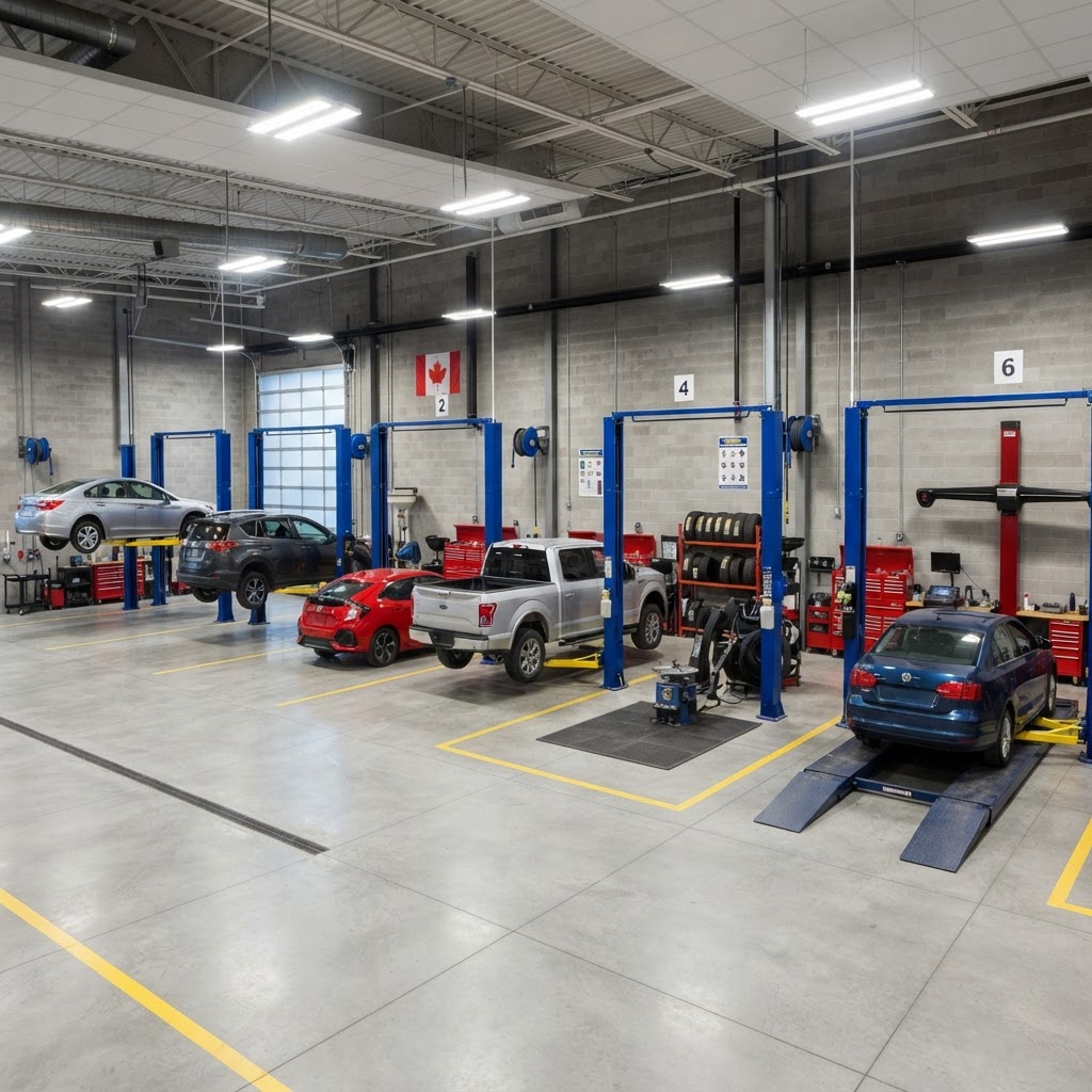 Complete modern automotive service facility with vehicle lifts, tire service equipment, an alignment bay and professional shop equipment in every bay.