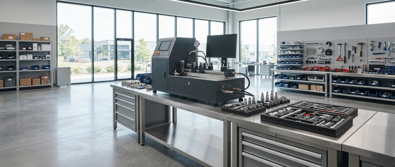 Bright modern diesel component service workshop with a static commercial test bench at rest on a stainless steel workbench, neatly arranged tools and organized adapters and parts on wall-mounted racks.