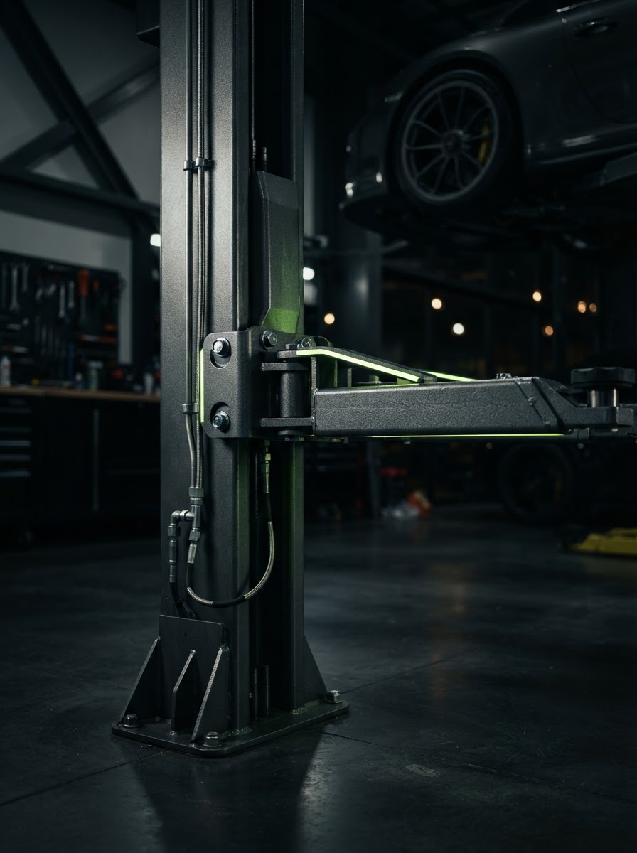 Vehicle elevated on a two-post lift inside a professional auto repair shop