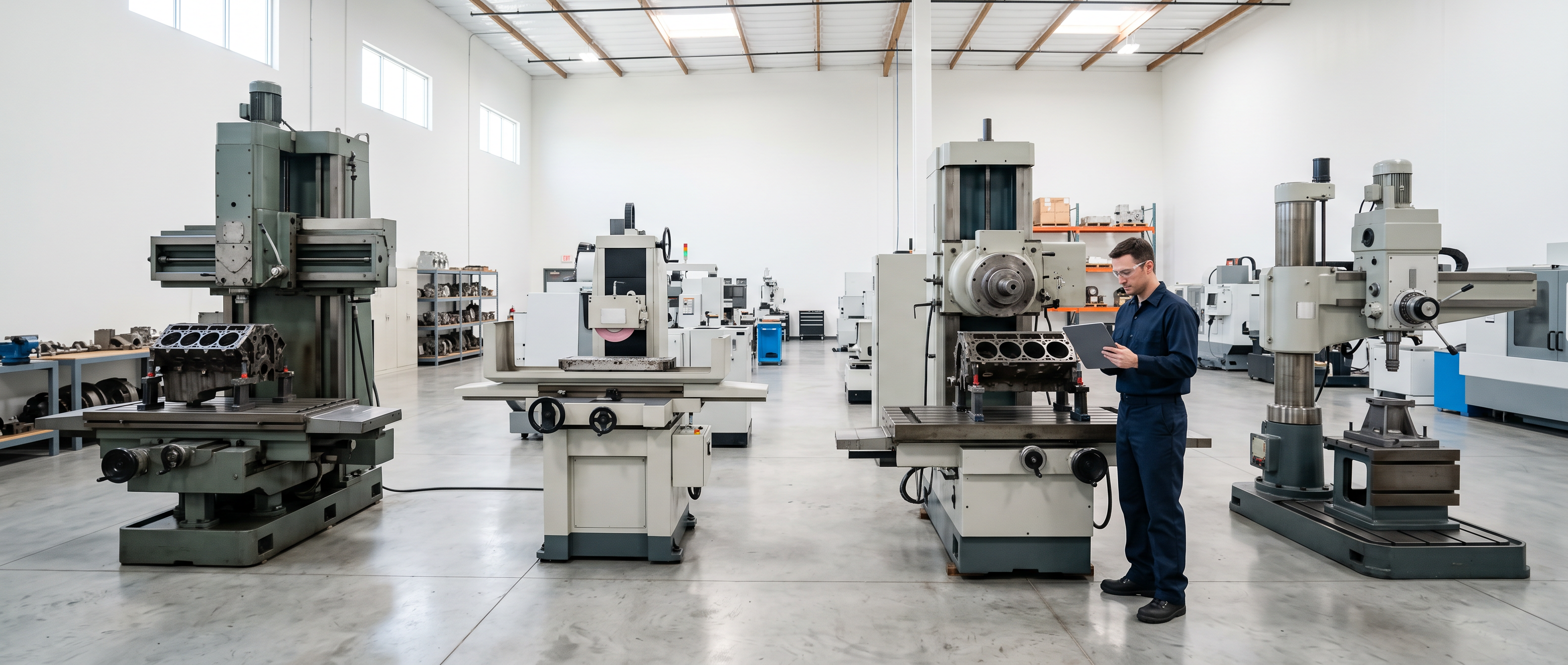 Organized used machinery dealer warehouse in daylight with a row of clean pre-owned machining machines and a buyer inspecting one with a tablet.