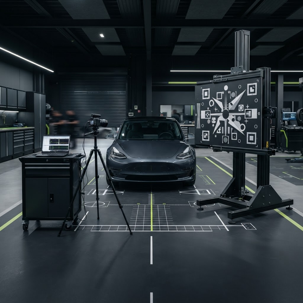 Modern automotive calibration area with ADAS calibration equipment.