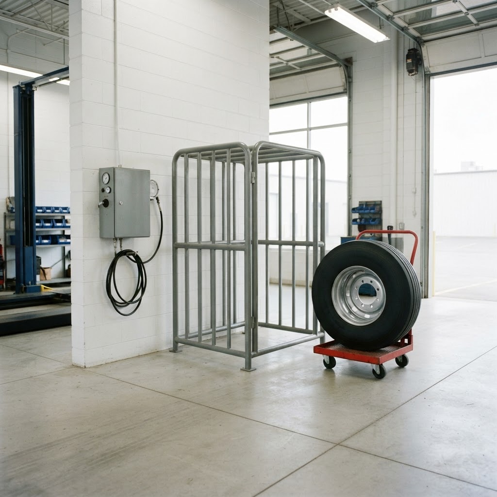 Bright commercial truck tire service bay with a static steel inflation safety cage standing open and empty beside a tire machine and a remote inflation station on the wall.