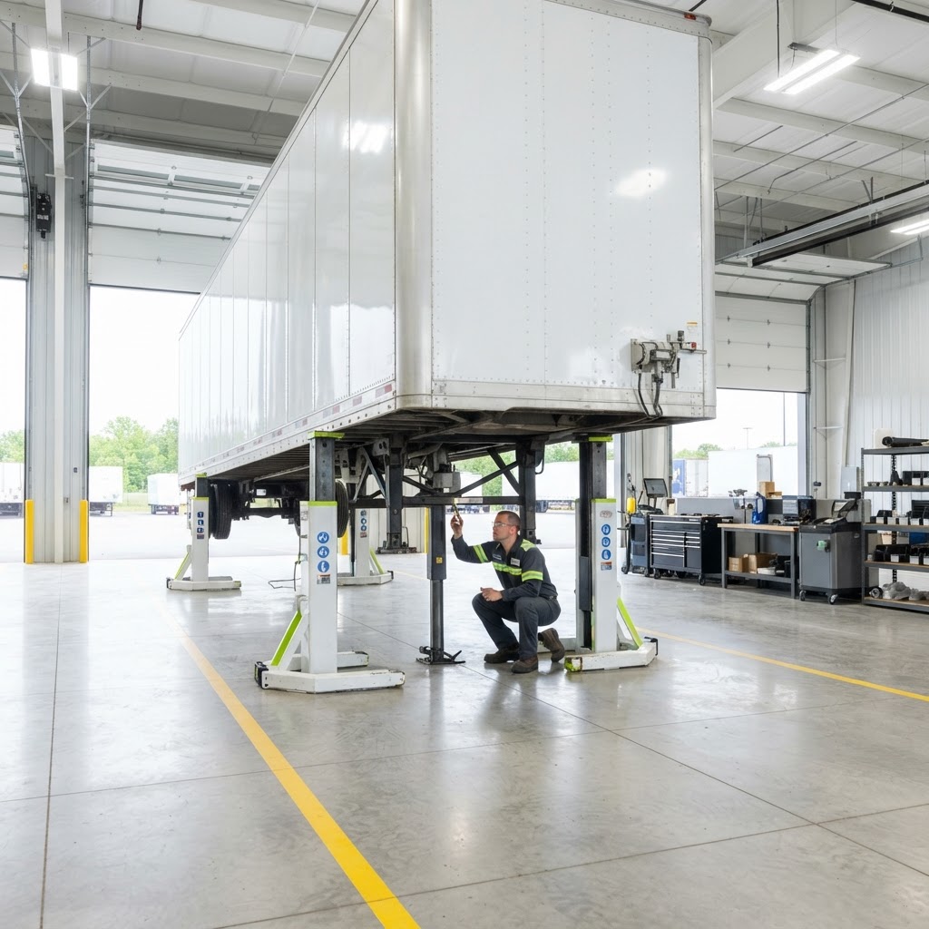 Semi-trailer raised on heavy steel jack stands inside a professional trailer repair bay.