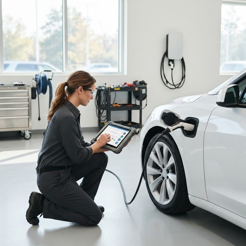 Technician using professional diagnostic test equipment at the charge port of a plain white electric car in a bright service bay.