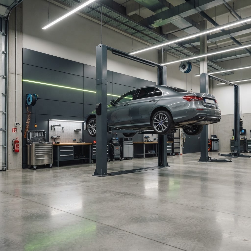 Commercial two-post vehicle lift raising a sedan inside a modern automotive repair facility.