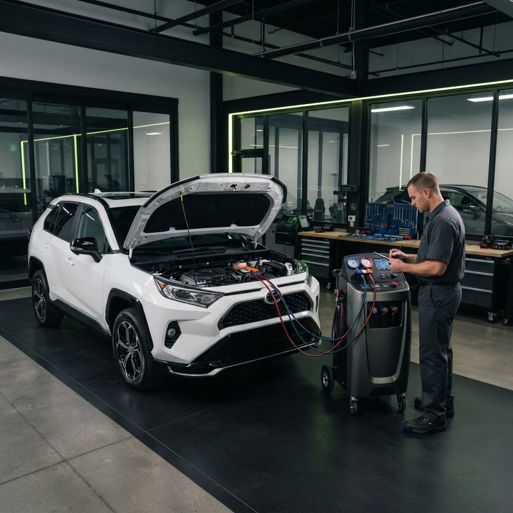 Modern A/C service machine with digital display positioned beside a hybrid SUV in a contemporary automotive service bay, technician at the console.